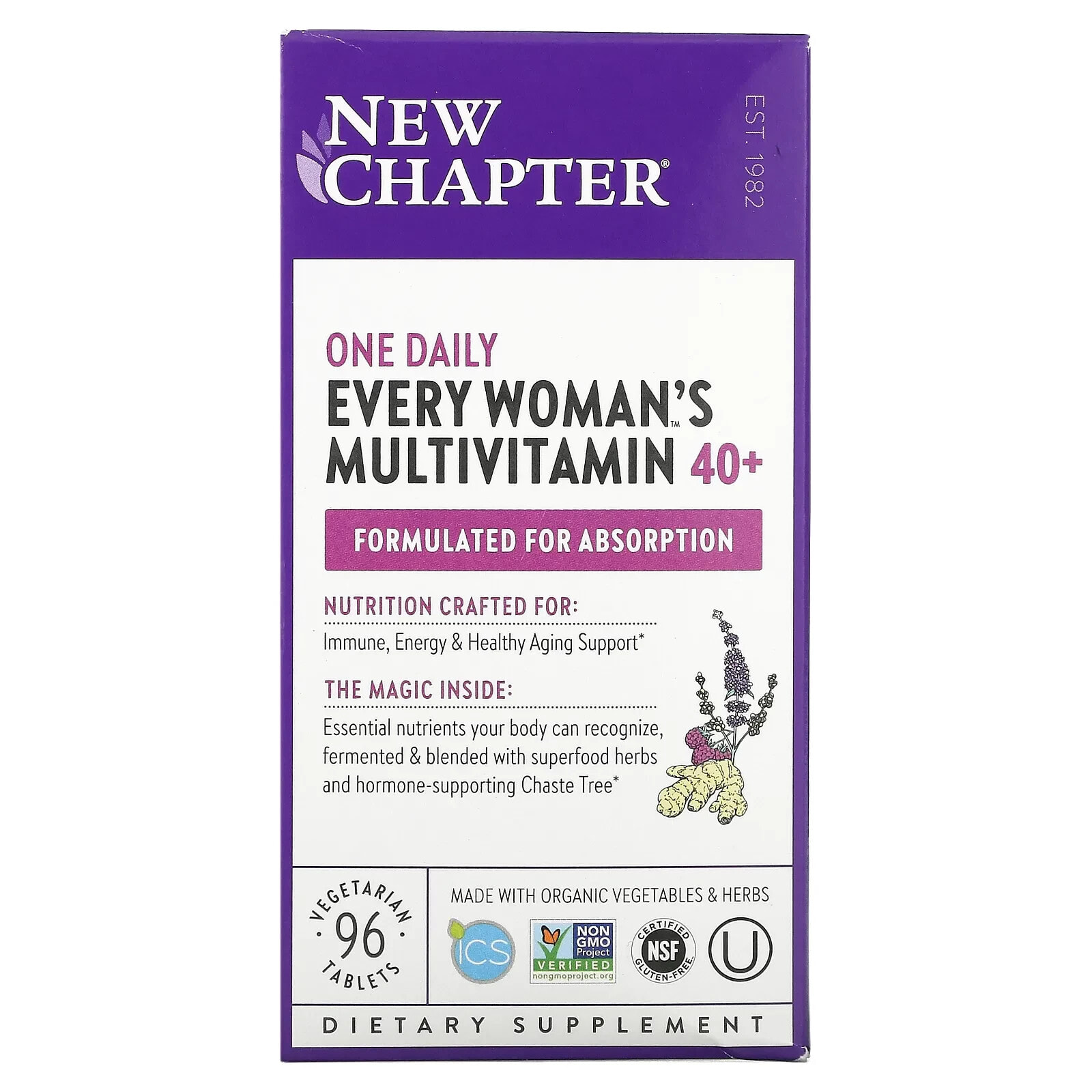 New Chapter, 40+ Every Woman's One Daily, витаминный комплекс на основе цельных продуктов для женщин старше 40 лет, 96 вегетарианских таблеток