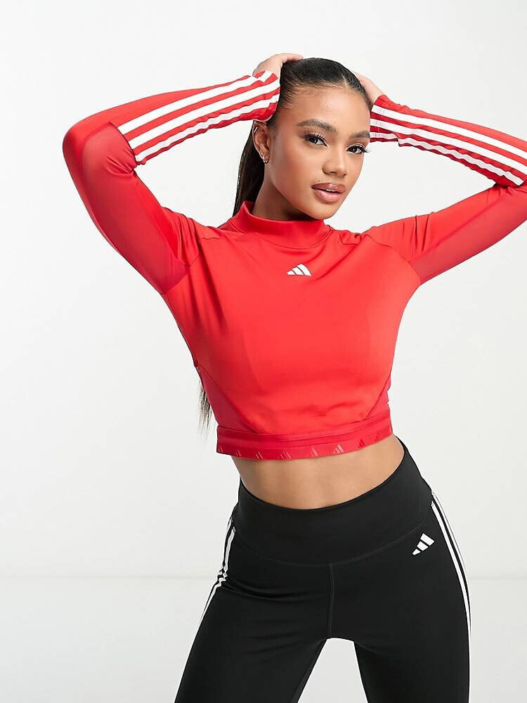 adidas Training – Hyperglam – Langärmliges Cropped-Oberteil in Rot mit 3 Streifen