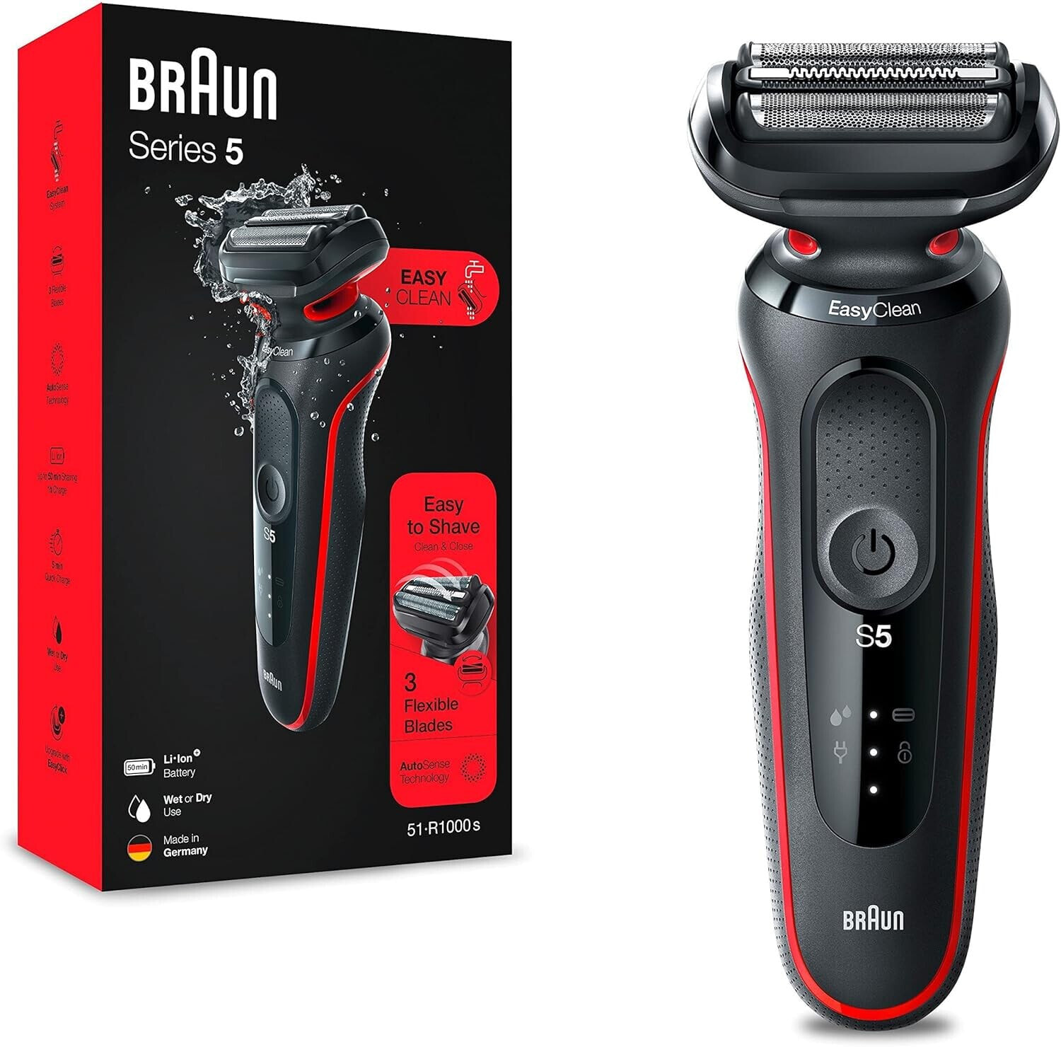 Braun Series 5 Men's Electric Shaver, EasyClean, Wet & Dry, Rechargeable & Wireless, Father's Day Gift, 51-R1000s, Red