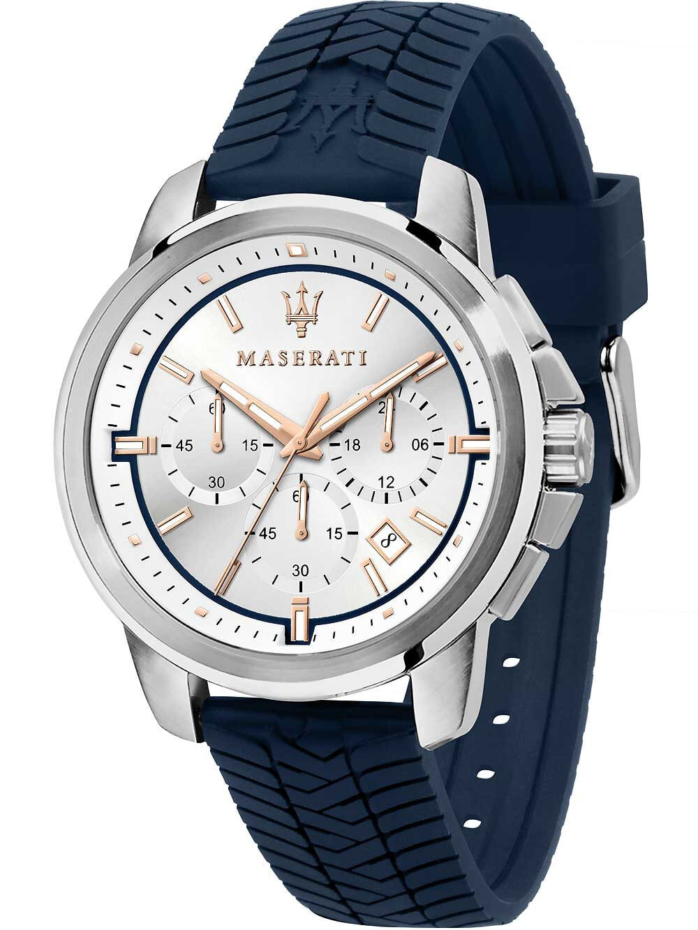 Мужские наручные часы с силиконовым синим ремешком Maserati R8871621013 Successo chronograph 44mm 5ATM