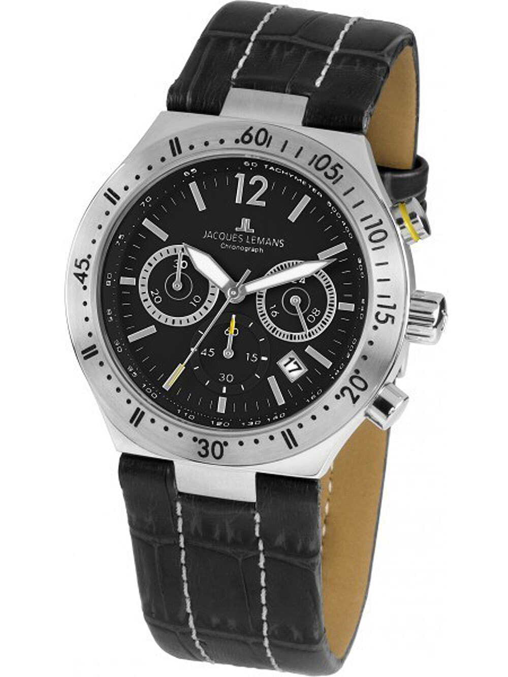 Мужские наручные часы с черным кожаным ремешком Jacques Lemans 1-1837A Dover chrono 42mm 10ATM