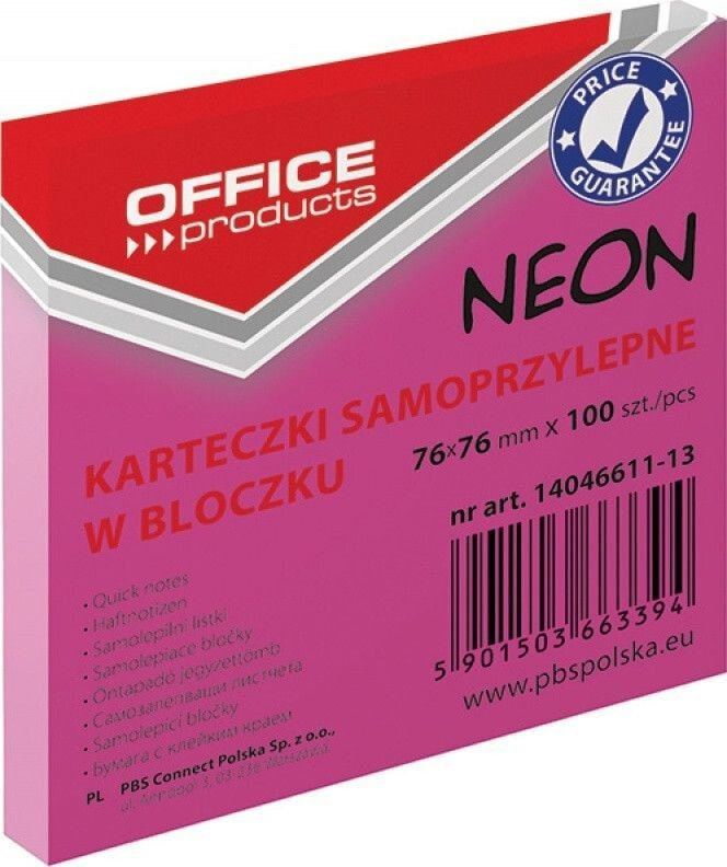 Канцелярский набор для школы Office Products Bloczek samoprzylepny OFFICE PRODUCTS, 76x76mm, 1x100 kart., neon, różowy