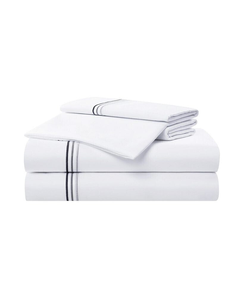 Sateen Twin Sheet Set, 1 Flat Sheet, 1 Fitted Sheet, 2 Pillowcases, 600 Thread Count, Sateen Cotton, Pristine White with Fine Baratta Embroidered 3-Striped Hem