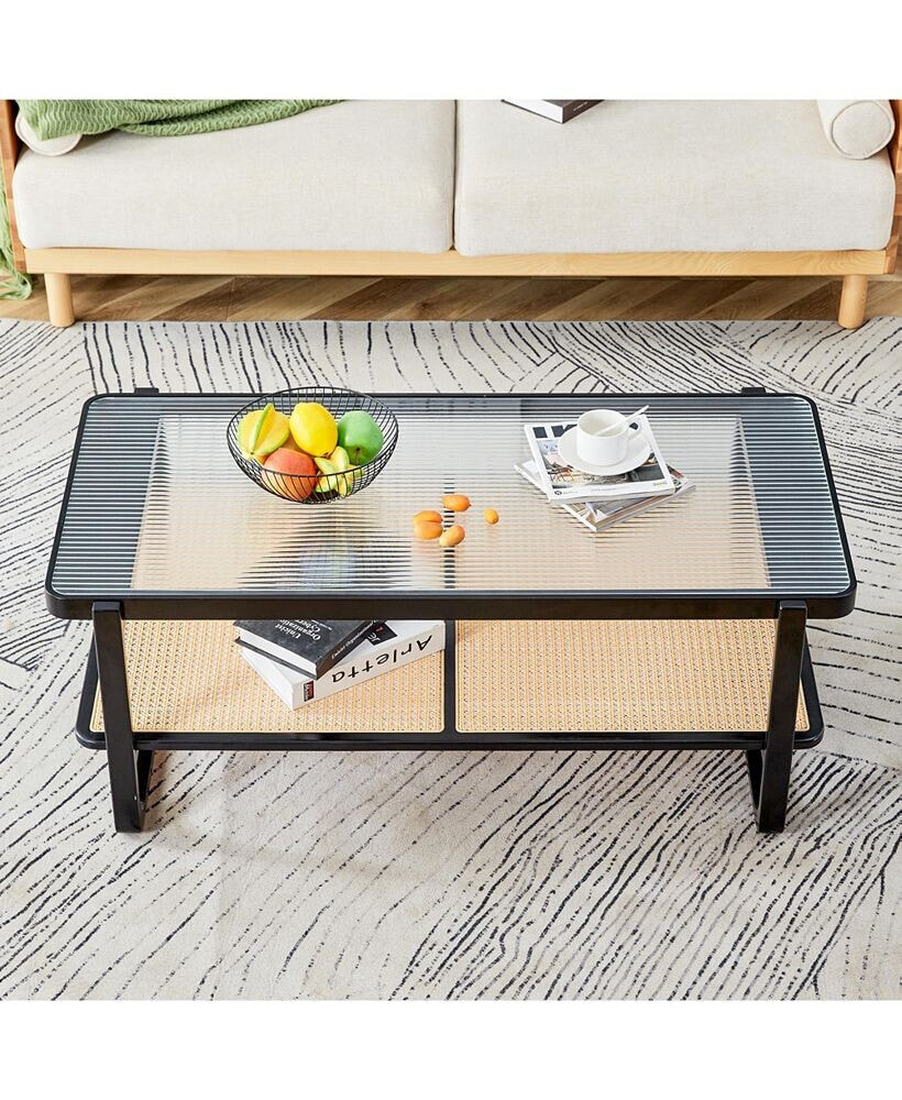 Simplie Fun modern minimalist rectangular double layer black solid wood imitation rattan coffee table wit