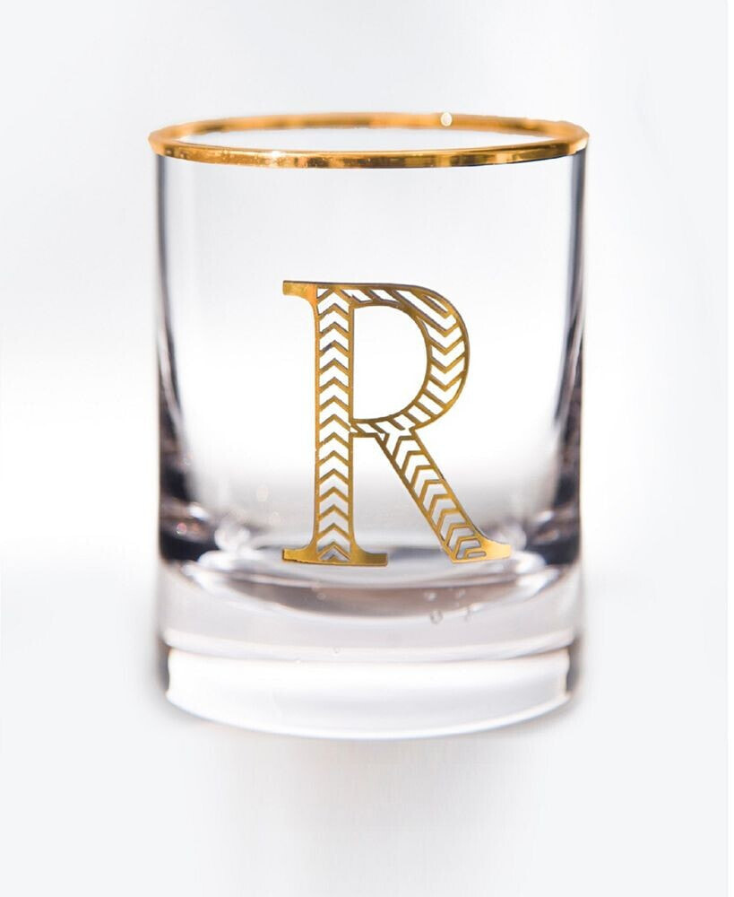 Qualia Glass monogram Rim and Letter R Double Old Fashioned Glasses, Set Of 4