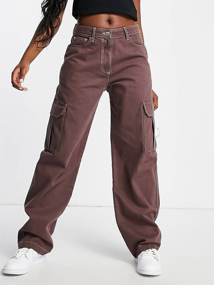 COLLUSION – x015 – Weit geschnittene Cargo-Jeans in Mokka mit Kontrastnaht