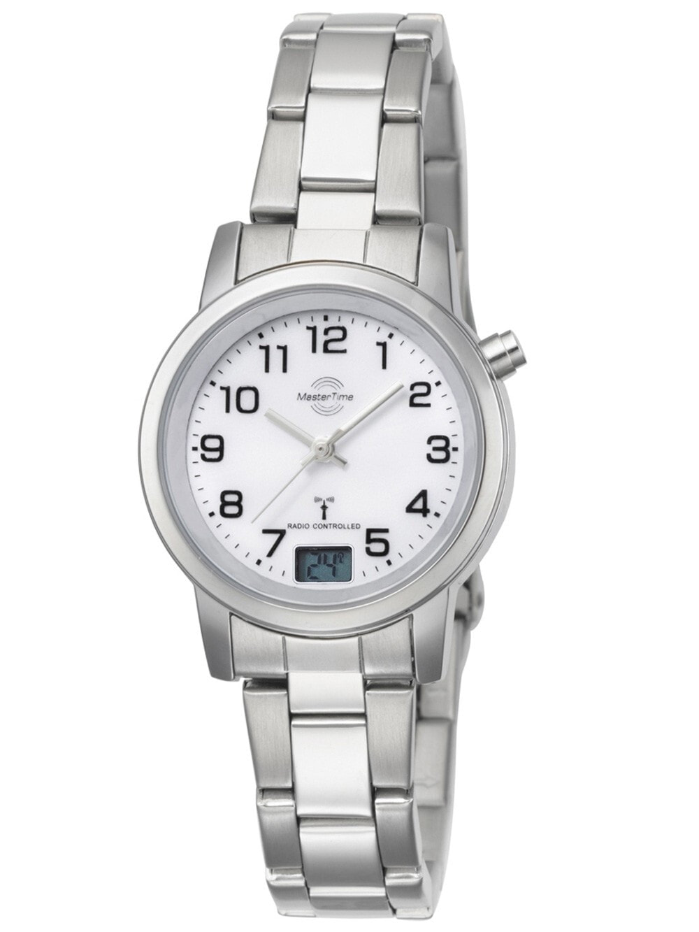 Женские наручные кварцевые часы MASTER TIME  с большими цифрами, браслетом из нержавеющей стали и цифровым дисплеем даты. Часы водонепроницаемы до 3 бар.