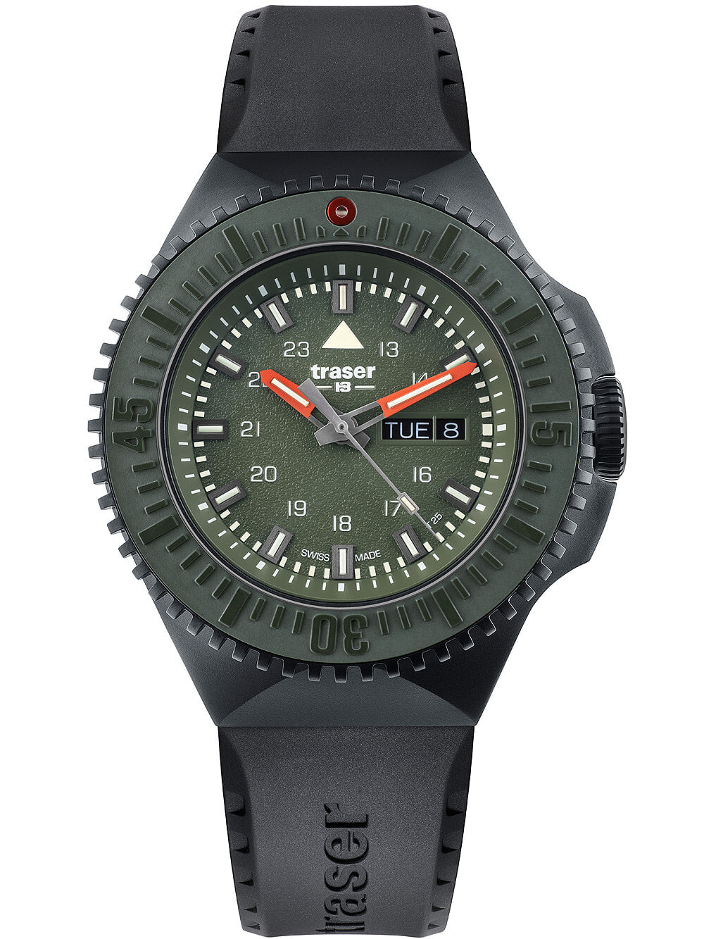 Мужские наручные часы с черным силиконовым ремешком Traser H3 109859 P69 Black-Stealth Green 46mm 20ATM