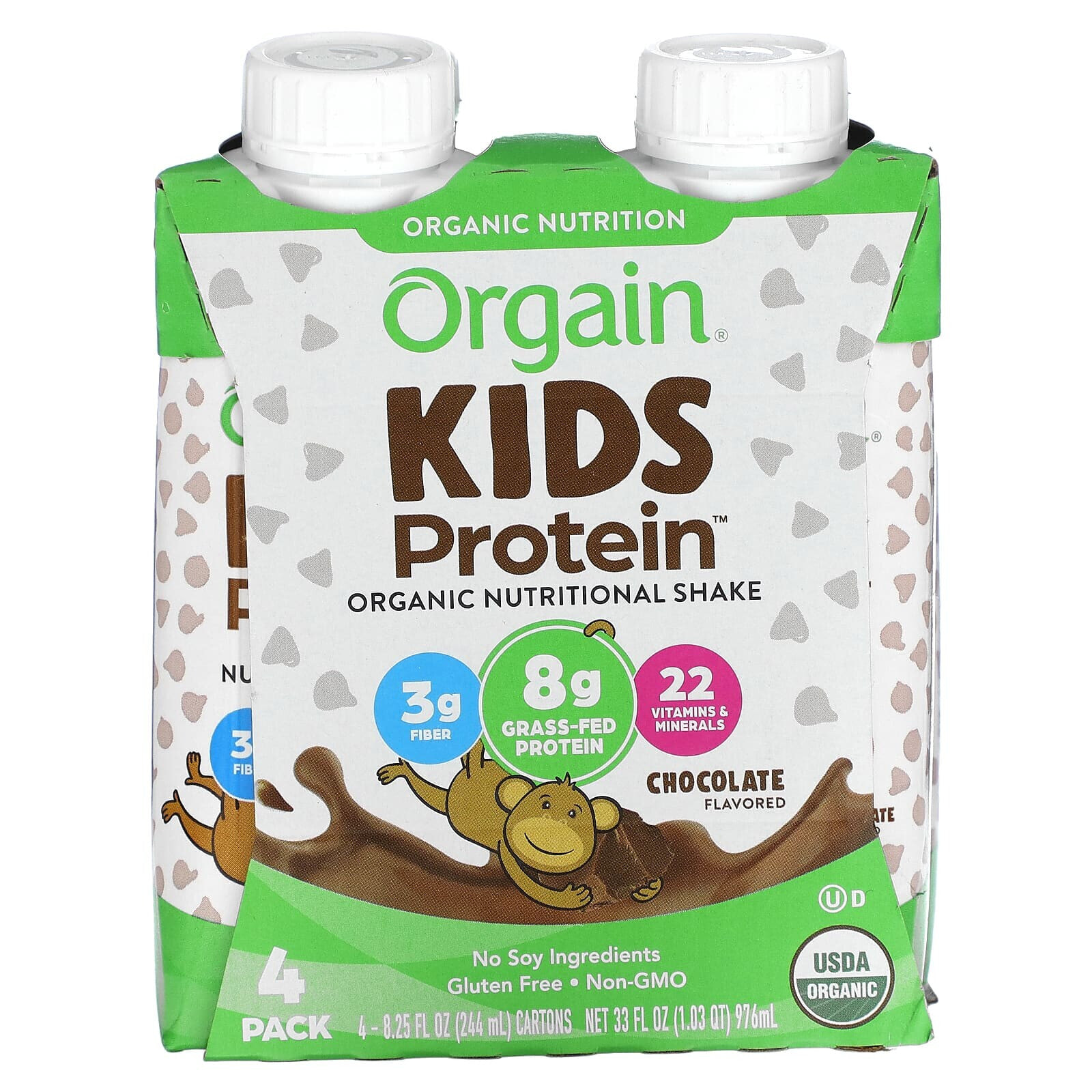 Orgain, Kids Protein, органический питательный коктейль, ваниль, 4 пакетика, по 244 мл (8,25 жидк. Унции)