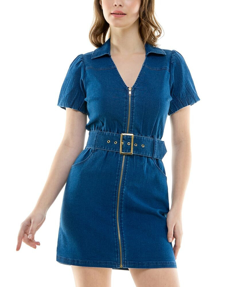 Planet Gold juniors' Zip-Front Belted Denim Dress