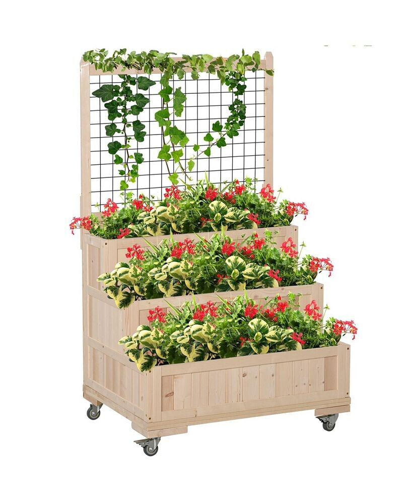 Outsunny 3-Tiers Wooden Raised Garden Bed Trellis, Back Storage Area