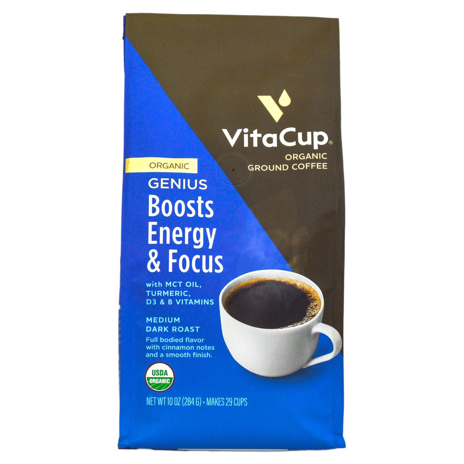 VitaCup, Organic, Genius Coffee, Ground, Medium Dark Roast, 10 oz (284 g)