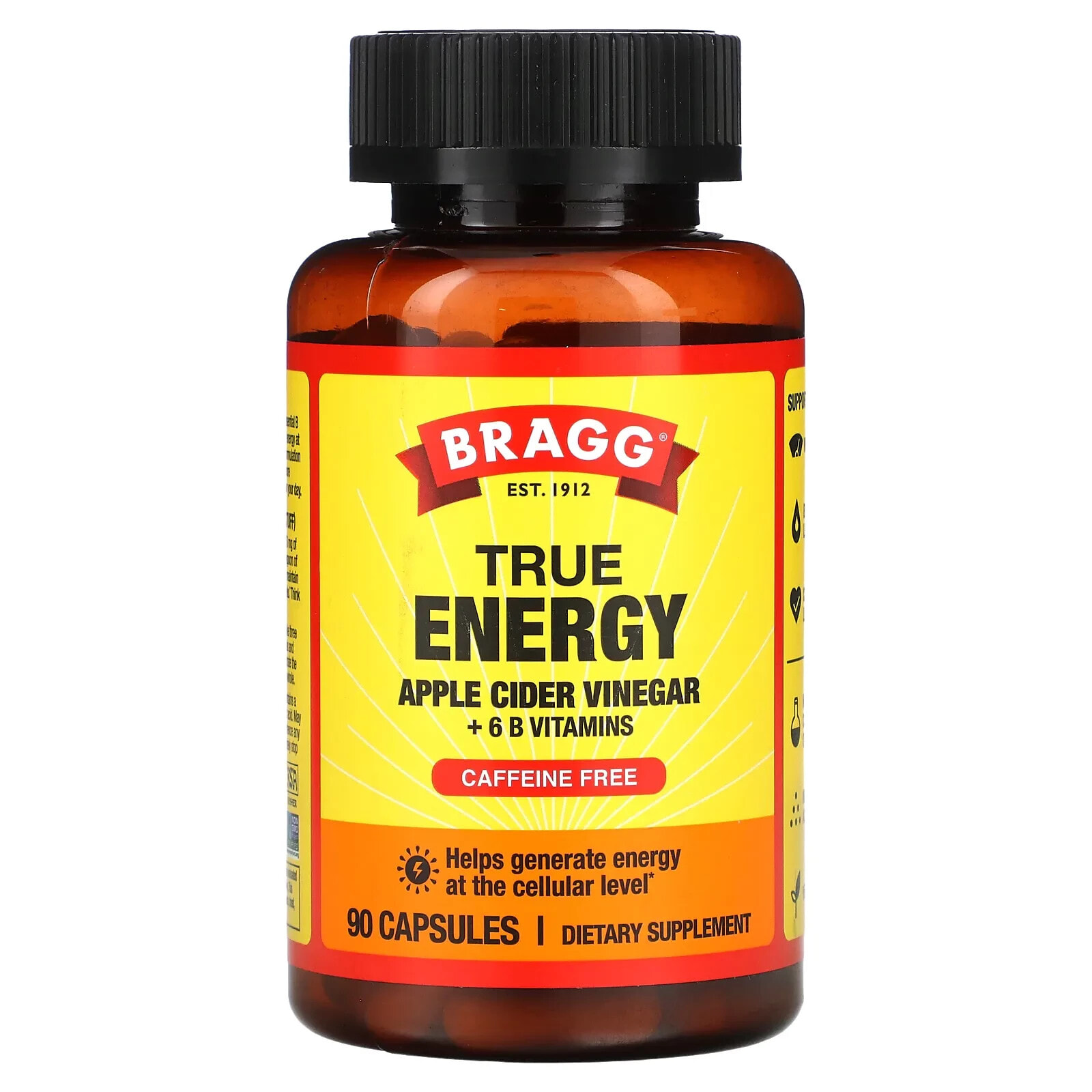 Bragg, True Energy Apple Cider Vinegar + 6 B Vitamins, Caffeine Free, 90 Capsules