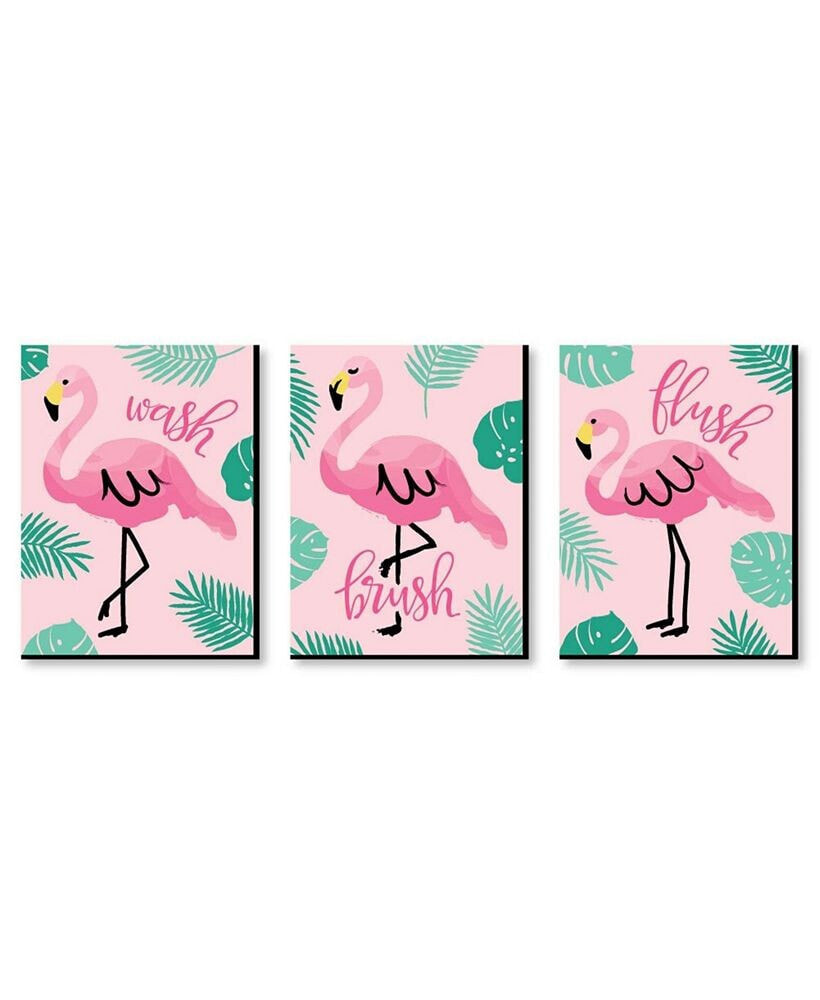 Big Dot of Happiness pink Flamingo - Wall Art - 7.5 x 10 inches - Set of 3 Signs - Wash, Brush, Flush