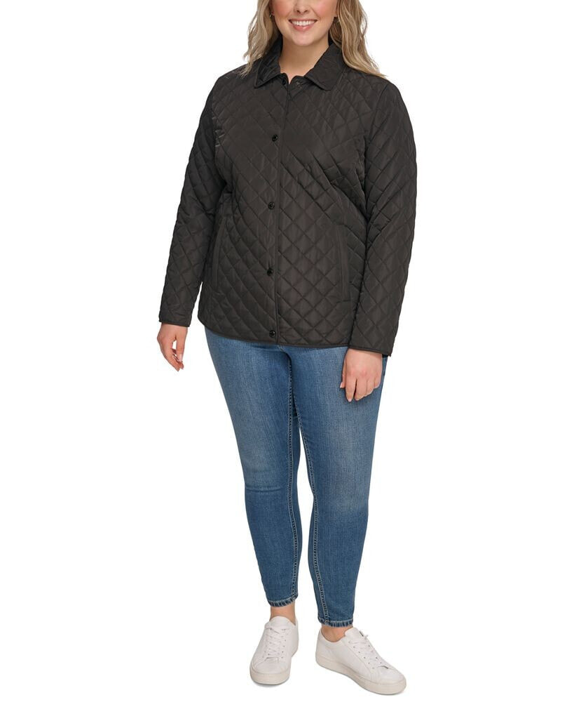 Calvin Klein women's Plus Size Collared Button-Front Quilted Coat