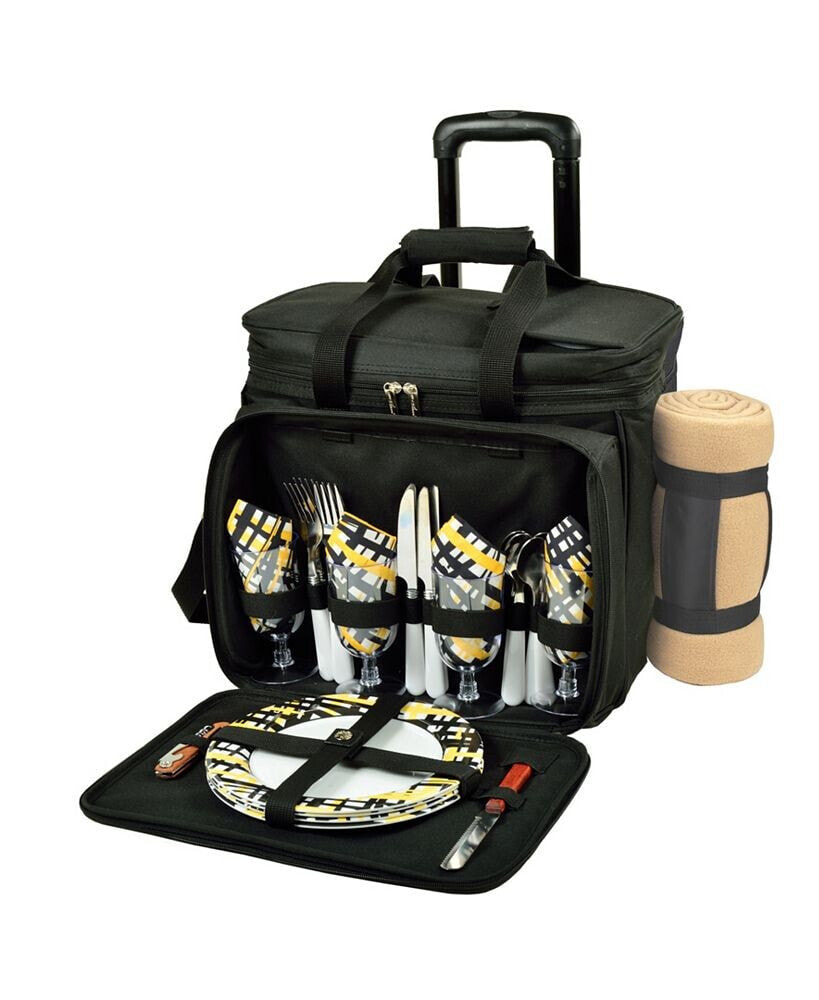 Equipped Picnic Cooler with Blanket and Service for 4 on Wheels