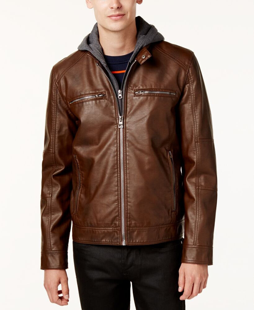 GUESS men's Faux-Leather Detachable-Hood Motorcycle Jacket