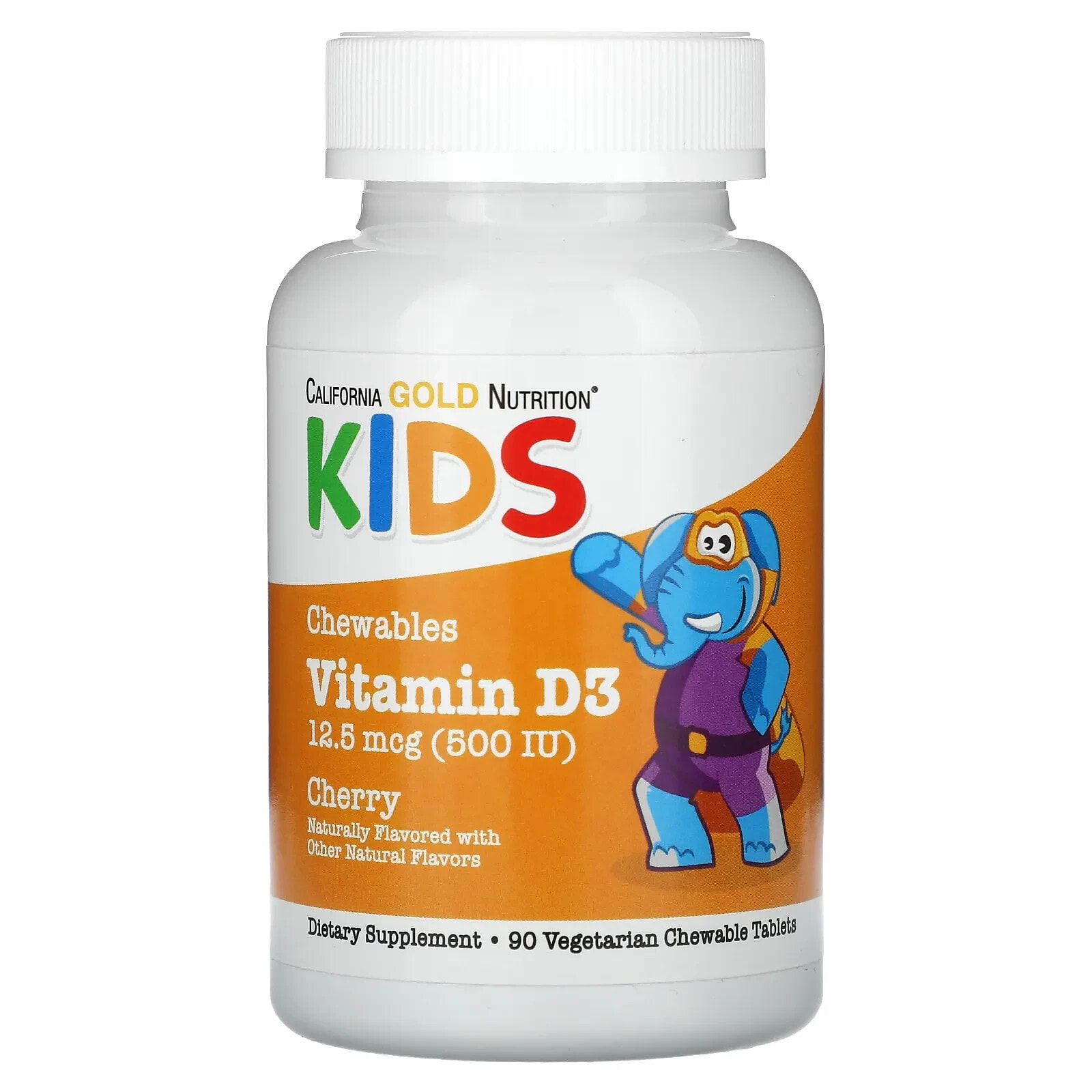 Chewable Vitamin D3 for Children, Natural Cherry Flavor, 12.5 mcg (500 IU), 90 Vegetarian Tablets