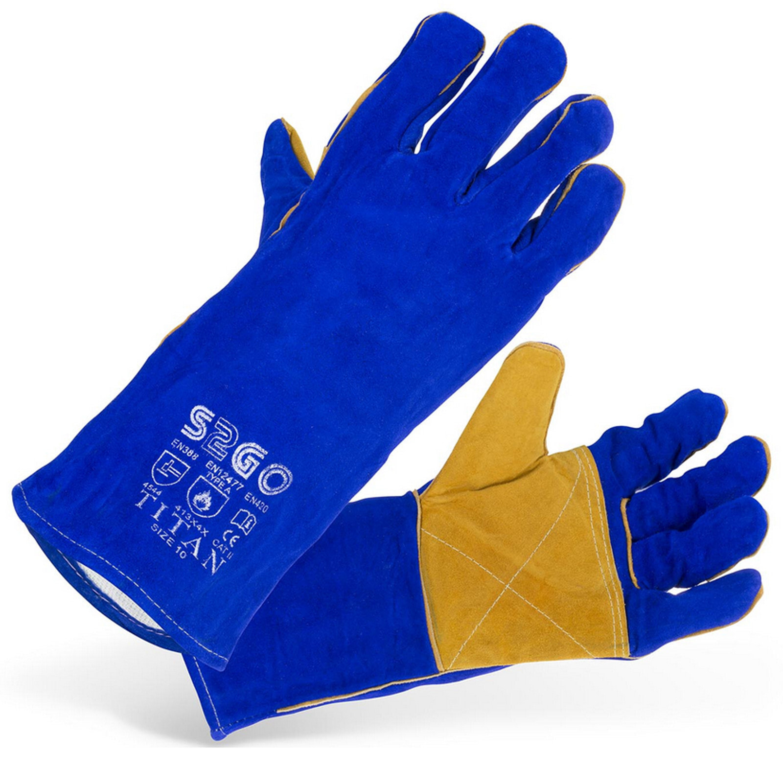 Welding protective work gloves made of cowhide, blue