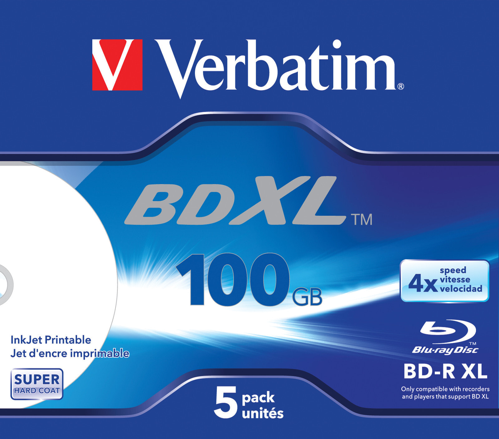Verbatim BD-R XL: 100 Гб, 4x, возможность струйной печати по всей поверхности, 5 шт. в коробке 43789