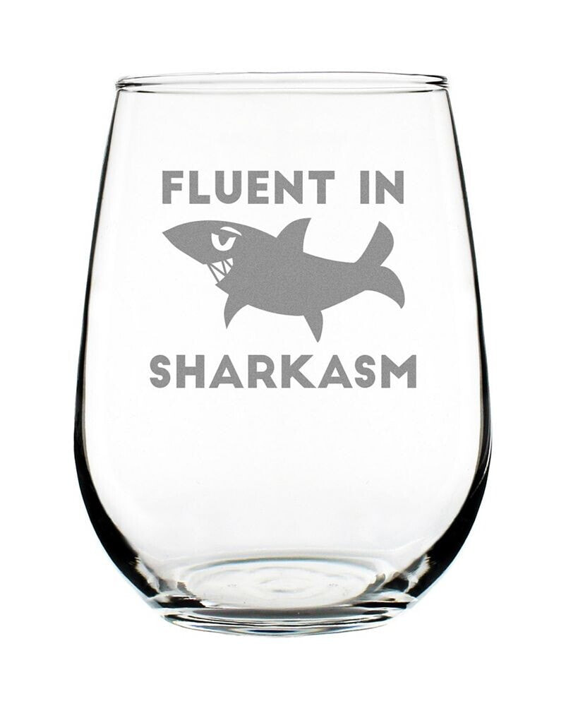 Bevvee fluent in Sharkasm Sarcastic Shark Gifts Stem Less Wine Glass, 17 oz