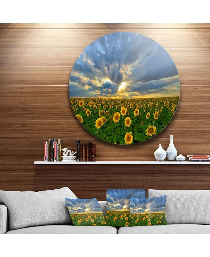 Design Art designart 'Beauty Sunset Over Sunflowers' Landscape Round Circle Metal Wall Art - 23