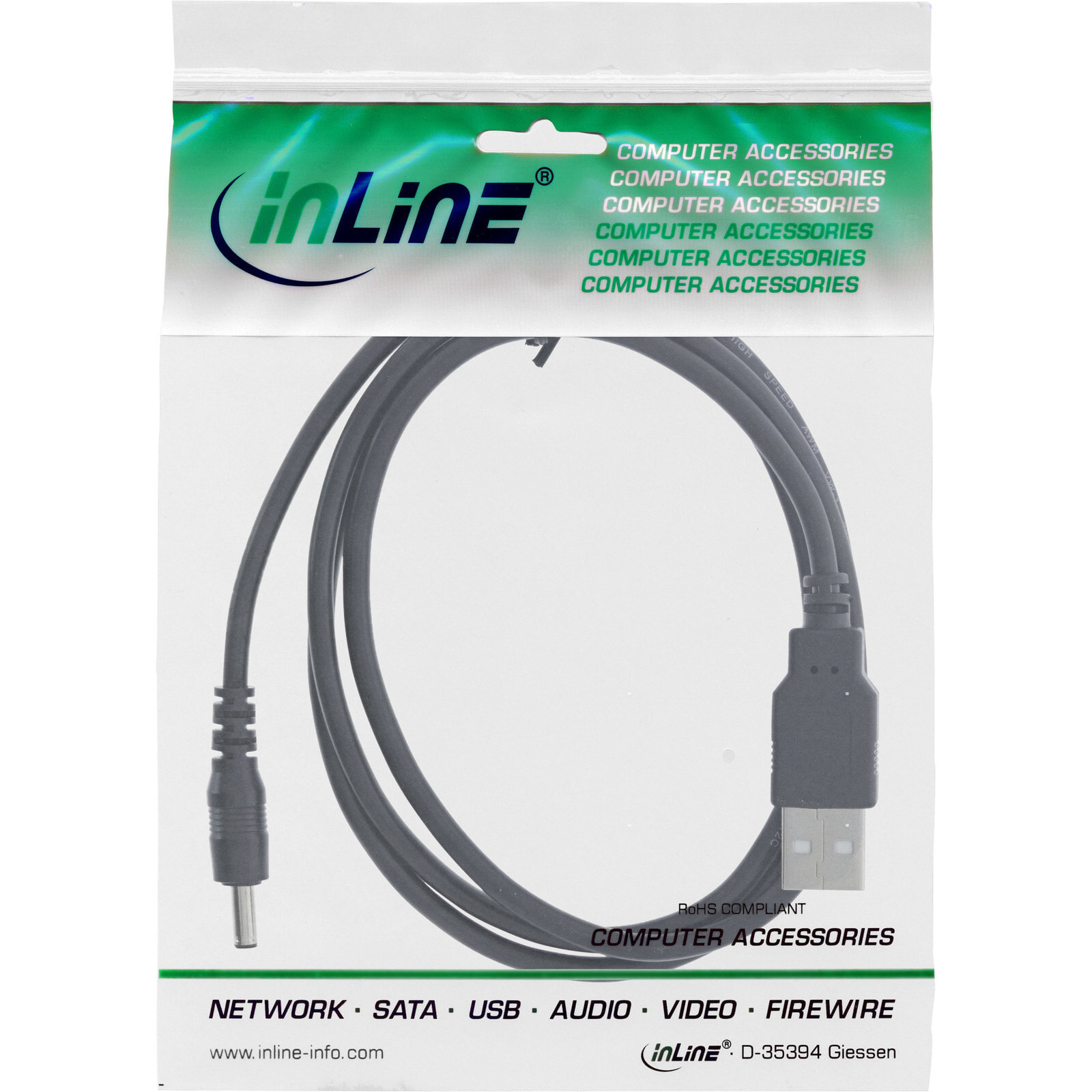 InLine adapter cable - USB A male to DC 5.5x2.10mm plug - black - 1m - 1 m - USB A - 5.5 x 2.5 mm - 5 V