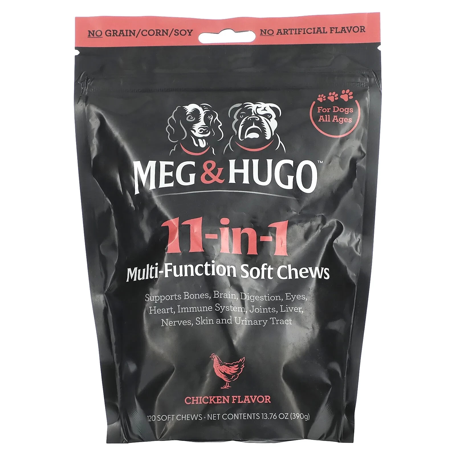 Meg & Hugo, Многофункциональные жевательные таблетки 11 в 1, для собак, для всех возрастов, с курицей, 120 жевательных таблеток, 390 г (13,76 унции)