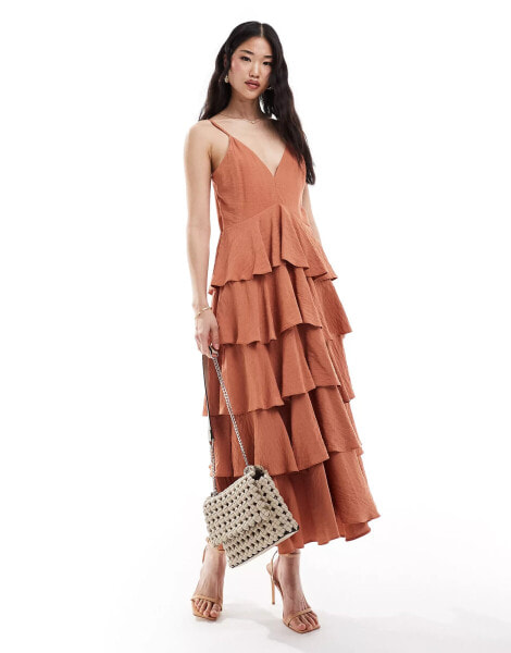 Pretty Lavish textured tiered midaxi dress in tan blush