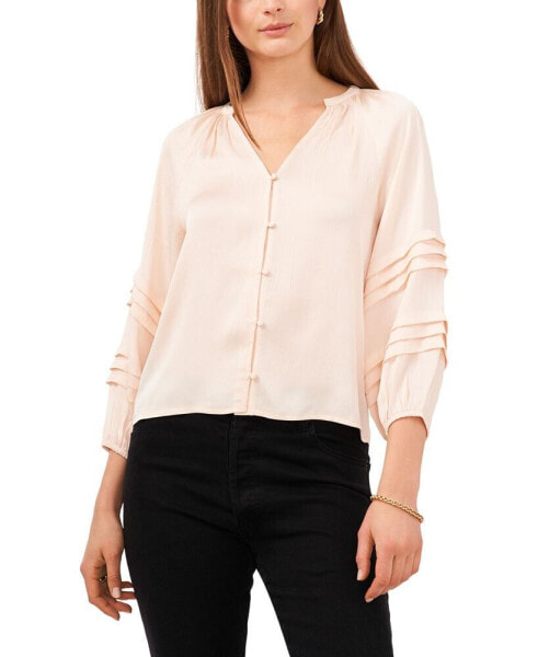 Women's Pin Tuck Detail Sleeve Button Front Blouse