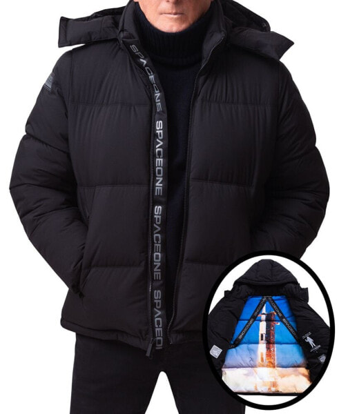 Men's Nasa Inspired Hooded Puffer Jacket with Printed Astronaut Interior