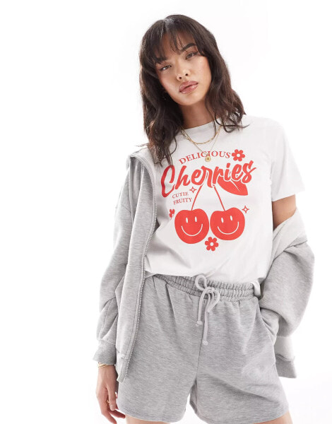 Pieces 'Delicious Cherries' front print oversize t-shirt in white