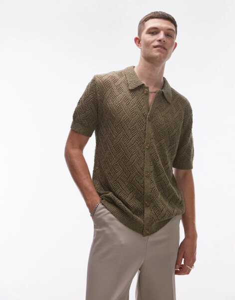 Topman crochet button through shirt in khaki