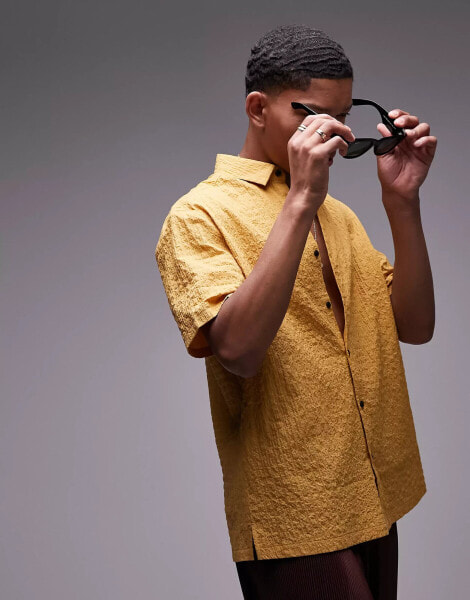 Topman short sleeve regular plain textured shirt in mustard