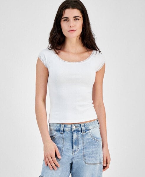 Juniors' Lace-Trim Boat-Neck Tee