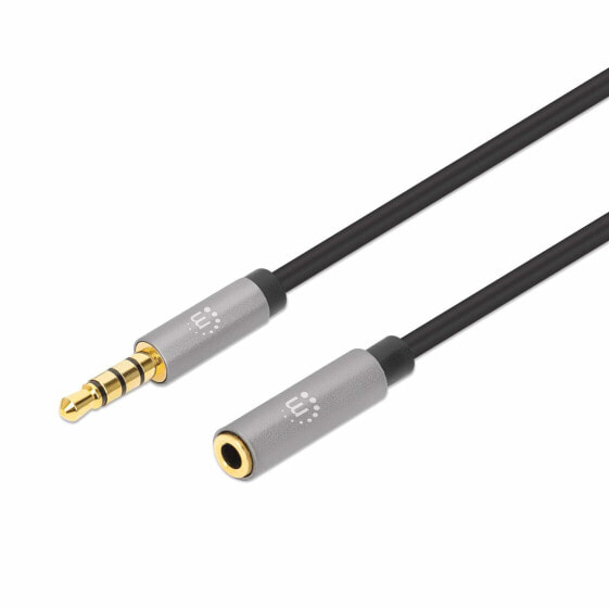 Manhattan Stereo Audio 3.5mm Extension Cable - 2m - Male/Female - Slim Design - Black/Silver - Premium with 24 karat gold plated contacts and pure oxygen-free copper (OFC) wire - Lifetime Warranty - Polybag - 3.5mm - Male - 3.5mm - Female - 2 m - Black - Silver