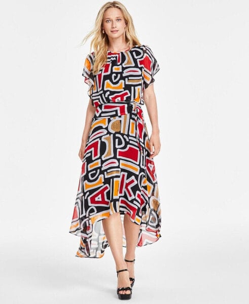 Women's Printed High-Low Flutter-Sleeve Dress