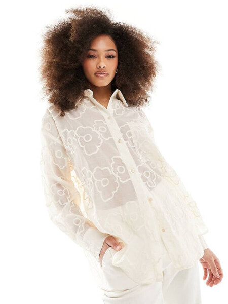 Y.A.S oversized shirt with textured flower detail in cream