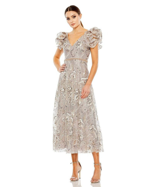 Women's Embellished Ruffled Cap Sleeve A Line Dress