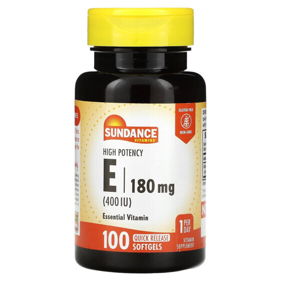 Витамин Е высокой силы Sundance Vitamins, 180 мг (400 МЭД), 100 быстро растворимых Softgels