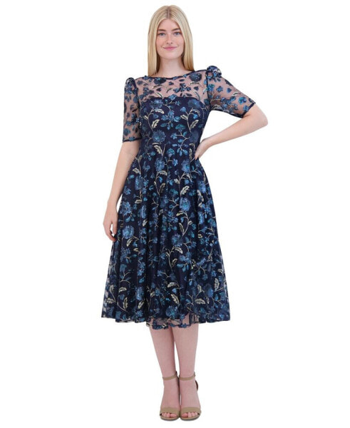 Women's Floral Sequin Puff-Sleeve Fit & Flare Dress