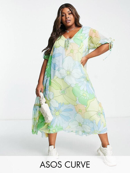 ASOS DESIGN Curve 70's trapeze floral print maxi dress in green 