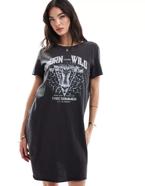 ONLY t-shirt mini dress with born to be wild graphic in washed black