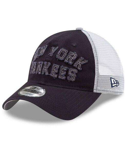 Men's Navy New York Yankees Frayed Wordmark Trucker 9Twenty Adjustable Hat