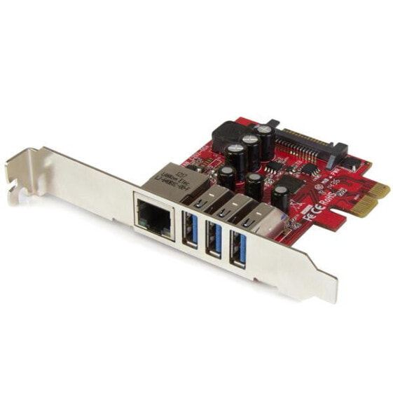 StarTech.com 3-Port PCI Express USB 3.0 Card + Gigabit Ethernet - Internal - Wired - PCI Express - Ethernet - 5000 Mbit/s - Metallic - Red