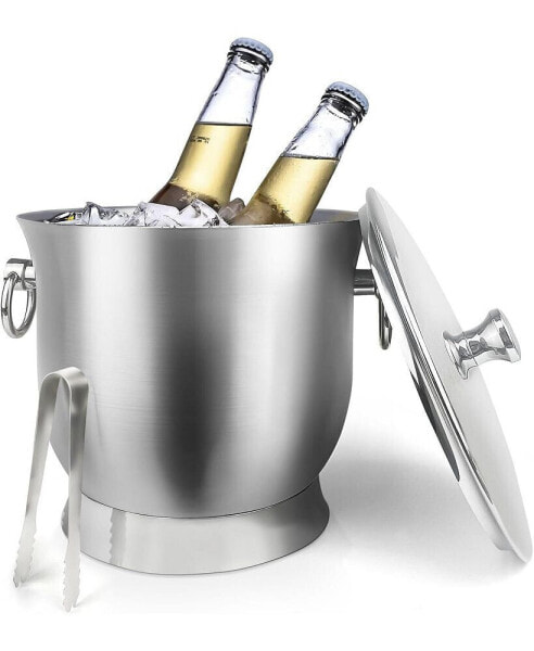 Stainless Steel Ice Bucket with Ice Tongs, Scoop, Lid - 3.3 L