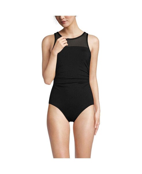 Women's D-Cup Chlorine Resistant Smoothing Control Mesh High Neck One Piece Swimsuit