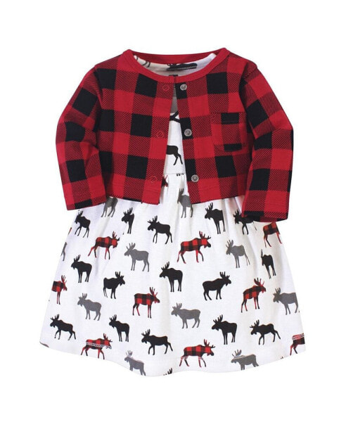 Baby Girls Cotton Dress and Cardigan 2pc Set, Buffalo Plaid Moose