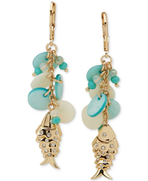 Gold-Tone Mixed Bead & Disc Pavé Sea-Motif Charm Linear Drop Earrings