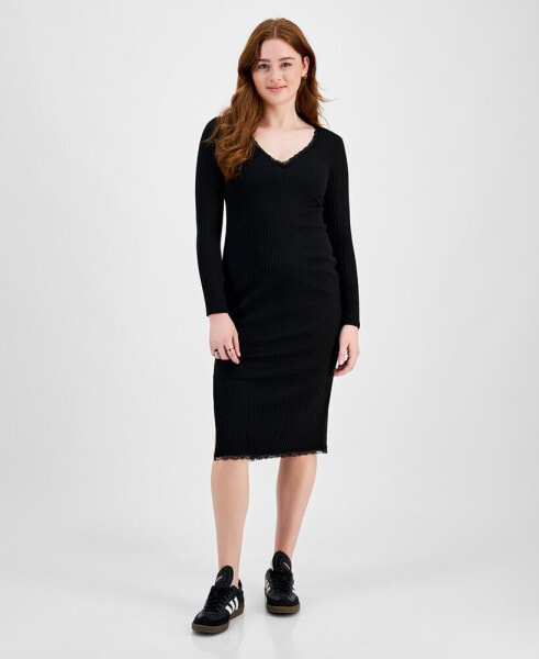 Juniors' Rib-Knit Long Sleeve Midi Dress